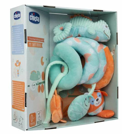 Chicco Kameleon activity spiral for babies, colorful toy with hanging elements, measures 25x12x34 cm, designed for young children.