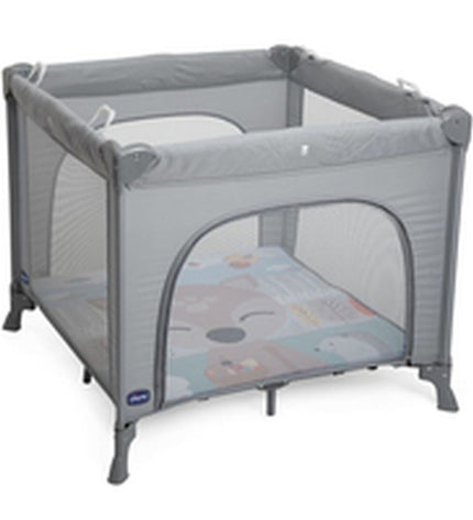Chicco baby bedroom with gray play area and sleeping space, featuring soft bedding and cozy furniture for infants.