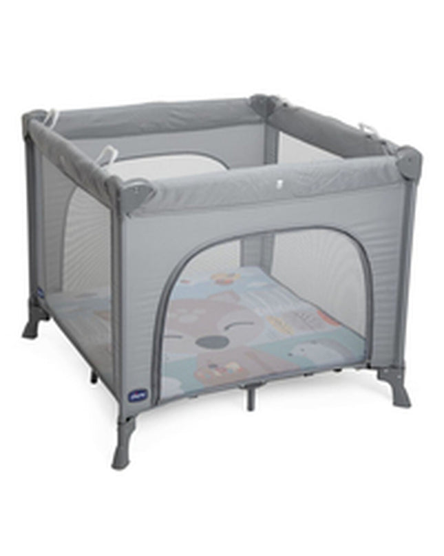 Chicco baby bedroom with gray play area and sleeping space, featuring soft bedding and cozy furniture for infants.