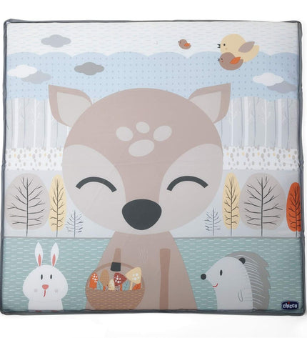 Chicco baby bedroom with a gray play area and sleeping space, featuring soft bedding and cozy furniture for infants.