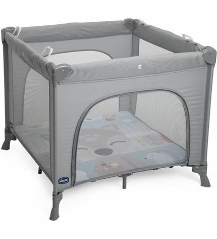 Chicco baby bedroom playpen in gray with safety rails and soft bedding for infants and early toddlers.