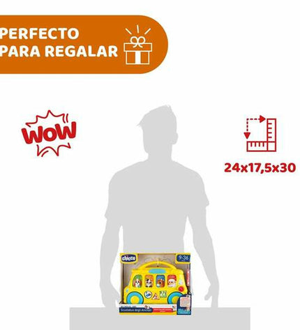 Chicco educatief speelgoed bus with colorful design, suitable for children, in a playful classroom setting.