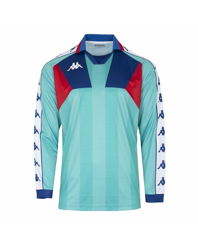 Blue and red Kappa men's football T-shirt with short sleeves, designed for sport and outdoor activities.