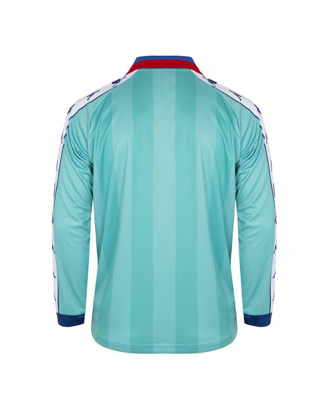 Blue and red Kappa men's football T-shirt with short sleeves, designed for sport and outdoor activities.