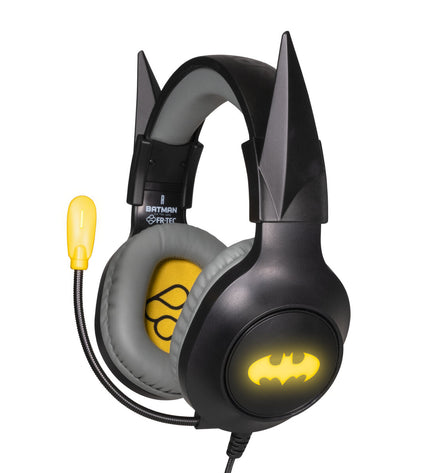 FR-TEC Batman yellow and black gaming headset with microphone, plug-and-play design for consoles, electronic gaming accessories.