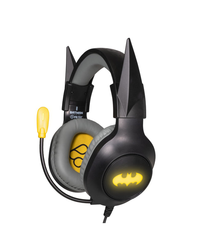 FR-TEC Batman yellow and black gaming headset with microphone, plug-and-play design for consoles, electronic gaming accessories.