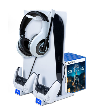 Nacon PS5 charging stand for electronic plug-and-play gaming consoles, shown in black with charging ports and controller slots.