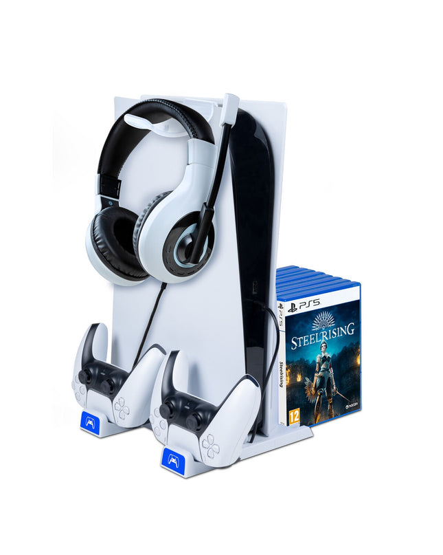 Nacon PS5 charging stand for electronic plug-and-play gaming consoles, shown in black with charging ports and controller slots.
