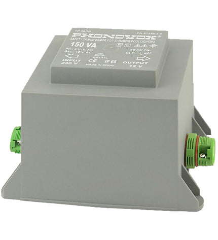 PHONOVOX safety pool lighting transformer TP30103CR, 150 VA, 12V/230V, compact size for swimming pools and Jacuzzis.