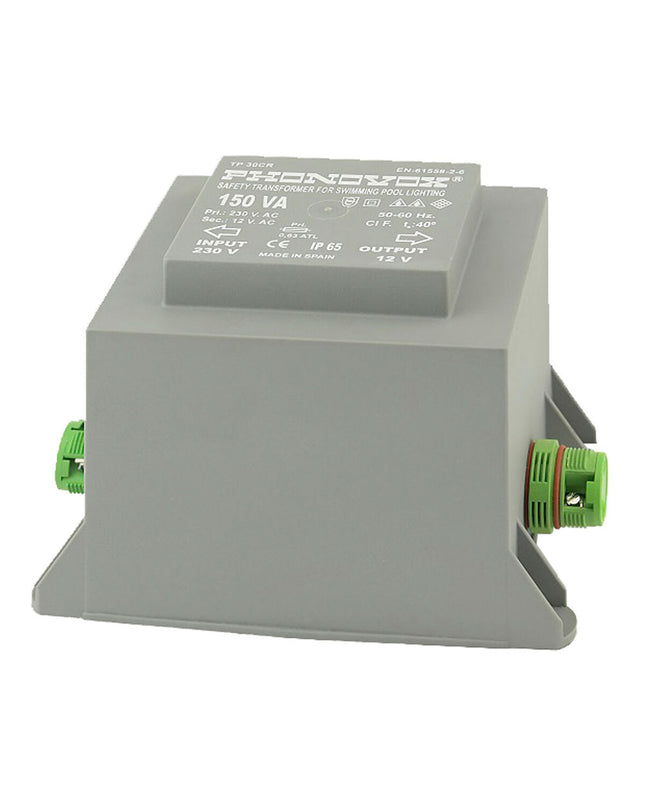 PHONOVOX safety pool lighting transformer TP30103CR, 150 VA, 12V/230V, compact size for swimming pools and Jacuzzis.