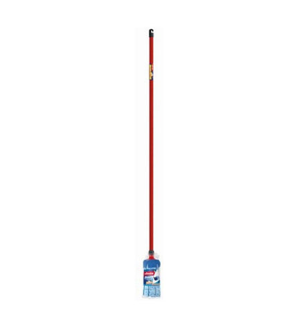 Vileda red microfiber mop for household cleaning, suitable for kitchen and home care, with a close-up view of the microfiber strands.