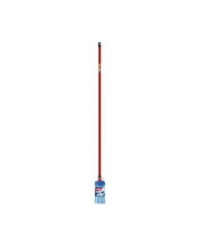 Vileda red microfiber mop for household cleaning, suitable for kitchen and home care, with a close-up view of the microfiber strands.