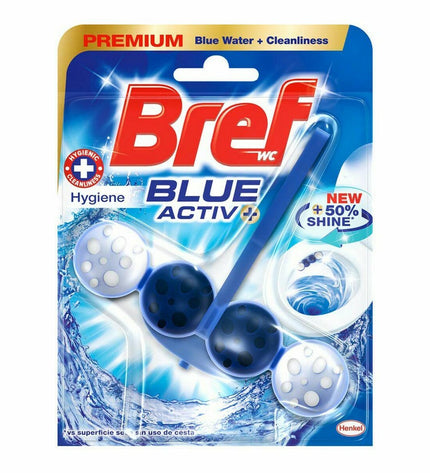 Bref Blue Activ Aqua toilet freshener spray bottle hanging on bathroom door hanger, 125 ml, for bathroom freshness.