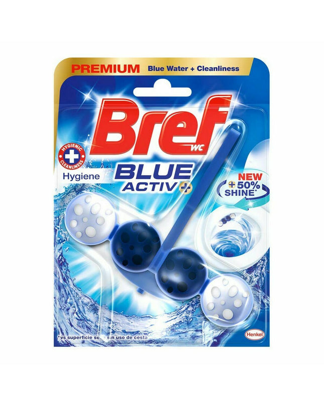 Bref Blue Activ Aqua toilet freshener spray bottle hanging on bathroom door hanger, 125 ml, for bathroom freshness.