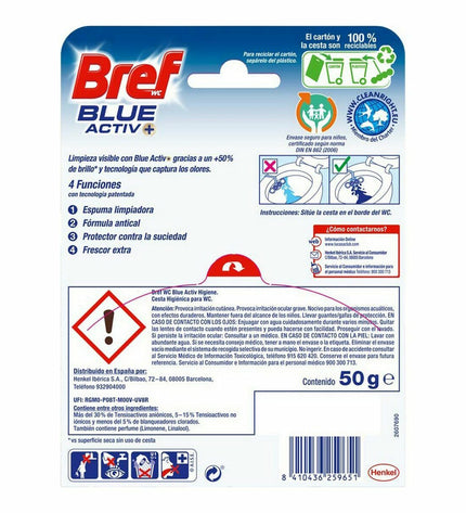 Bref Blue Activ Aqua toilet air freshener on a door hanger, designed to keep bathrooms smelling fresh, 125 ml.