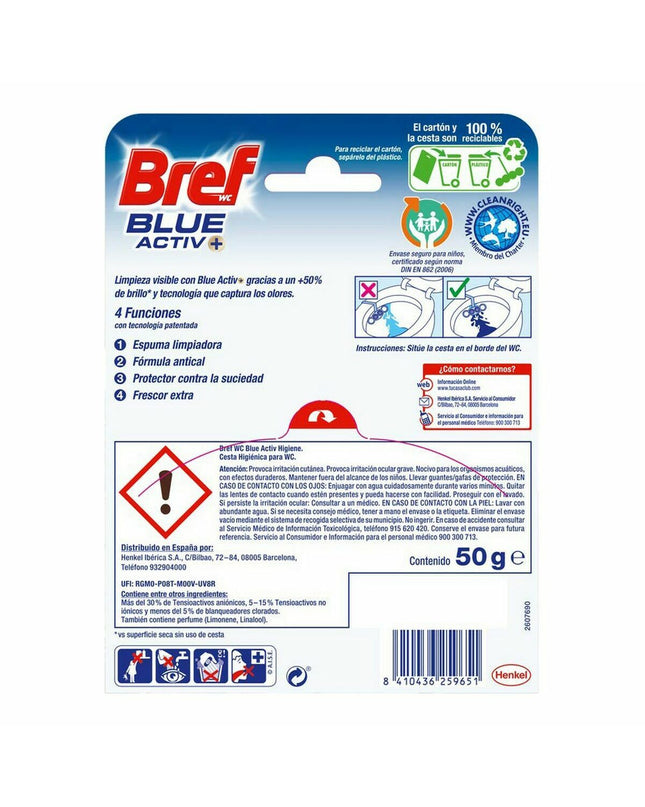 Bref Blue Activ Aqua toilet air freshener on a door hanger, designed to keep bathrooms smelling fresh, 125 ml.
