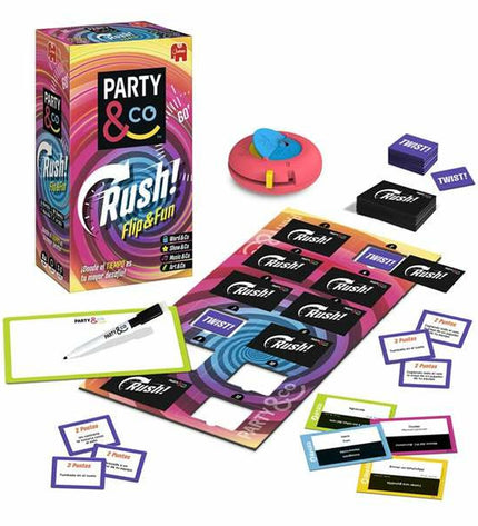 Diset Party & Co. Rush educational game with colorful game pieces and playing cards on a table scene.