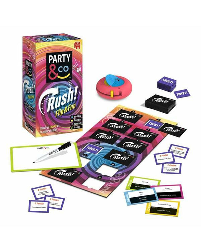 Diset Party & Co. Rush educational game with colorful game pieces and playing cards on a table scene.