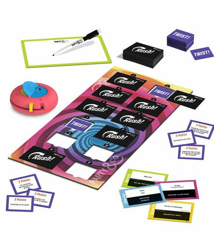 Diset Party & Co. Rush educational game with colorful game pieces and playing cards on a game table.