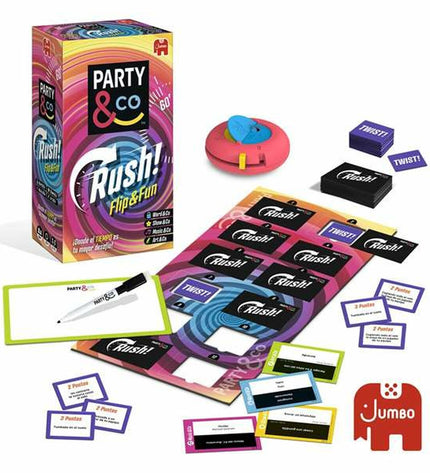 Diset Party & Co. Rush educational game with colorful game pieces and cards on a game board for kids' fun and learning.