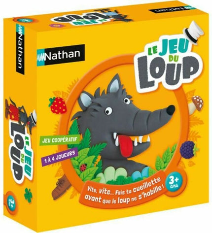Nathan The Wolf game box with colorful game pieces and cards for children, part of Nathan speelgoed en games collection.