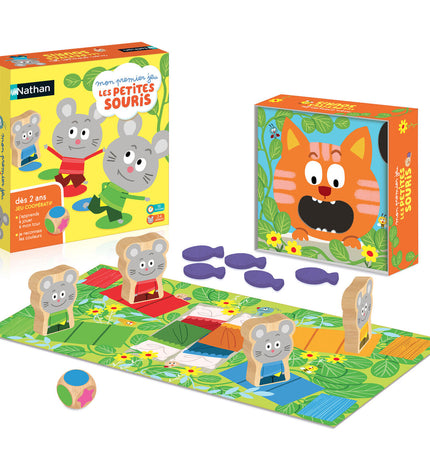 Nathan My First Game Little Mouse toy game box measuring 24x7x24 cm, featuring colorful illustrations of mice and playful design.