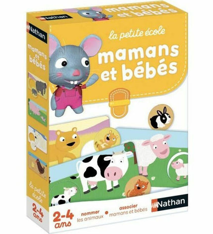 Nathan Moms and Babies board game, colorful toy for children, featuring illustrations of moms and babies on the game components.