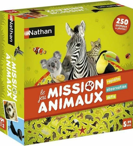 Nathan Mission dieren bordspel with colorful animal characters and game pieces on a playing surface.