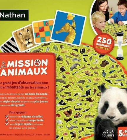Nathan Mission dieren bordspel, speelgoed en games, featuring colorful animal-themed game pieces and a game board for kids.