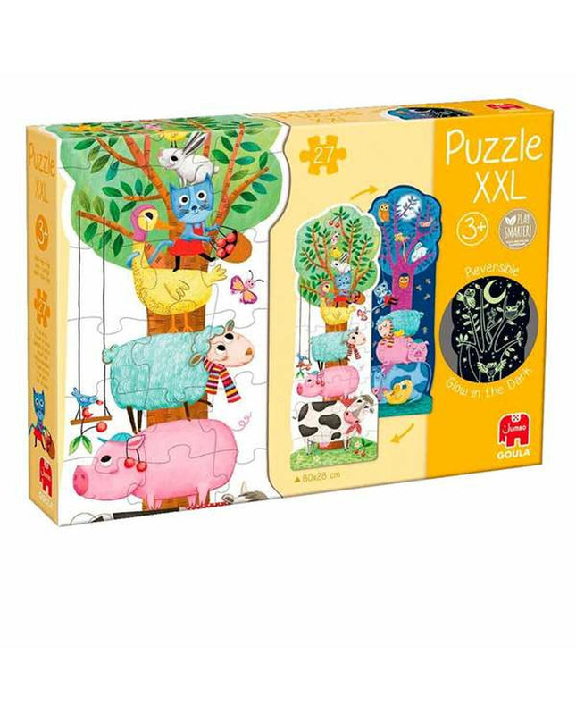 Goula XXL glow-in-the-dark farm puzzle with 27 pieces, reversible design, suitable for children, measuring 80x28 cm.