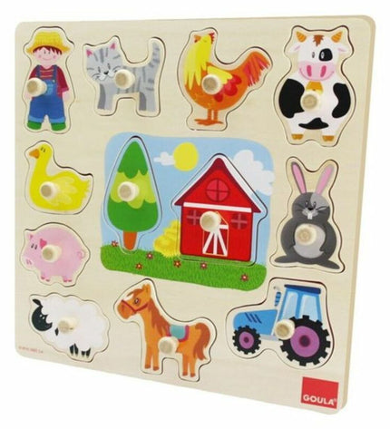 Goula wooden children's puzzle with 12 colorful pieces featuring animal shapes, designed for kids' educational play.