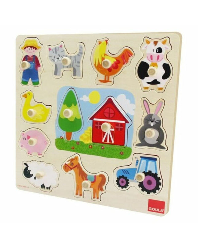 Goula wooden children's puzzle with 12 colorful pieces featuring animal shapes, designed for kids' educational play.