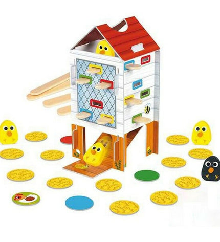 Goula Happy Chicken baby agility game toy with colorful wooden pieces for young children to play and develop motor skills.