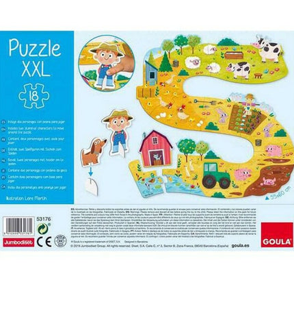 Goula Baby Boerderij Puzzel XXL with 18 wooden farm-themed puzzle pieces for children to assemble and play.