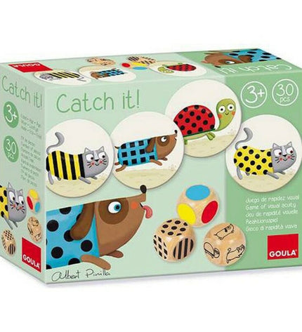 Goula Catch it educational game with colorful plastic components and game pieces for kids' fun and learning.