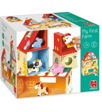 Goula Boerderij Bouwspel set with 10 wooden farm-themed building pieces for children, featuring colorful animal and barn parts.