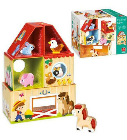 Goula Boerderij Bouwspel with 10 colorful wooden farm-themed building pieces for children’s educational play.