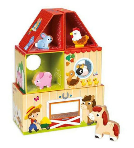 Goula Boerderij Bouwspel toy with 10 farm-themed wooden pieces and figures for imaginative play.