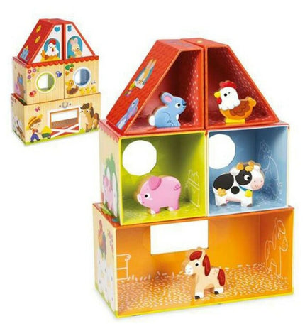 Goula Boerderij Bouwspel toy set with 10 wooden pieces for kids' imaginative farm building and play.