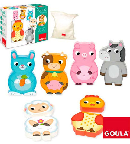 Goula personalized wooden puzzle with 12 pieces, colorful educational toy for children, featuring interlocking wooden shapes.
