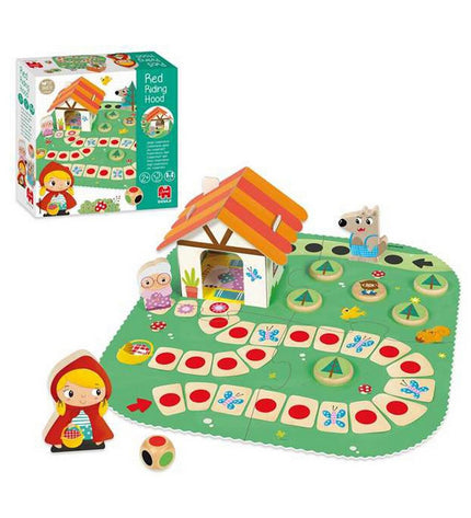 Goula Little Red Riding Hood educational toy game with 9 colorful wooden pieces and characters for kids' play and learning.