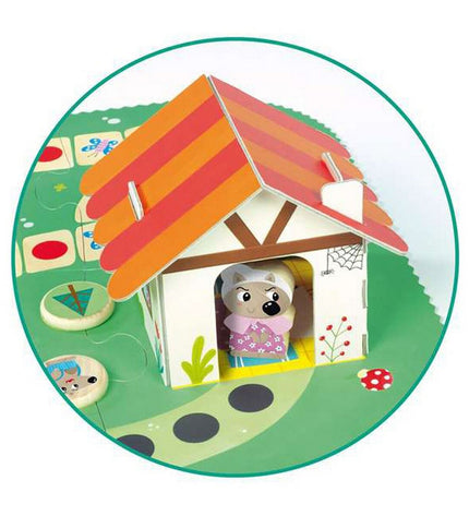 Goula Little Red Riding Hood educational game with nine parts, featuring colorful wooden pieces for kids' play and learning.