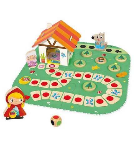 Goula Little Red Riding Hood educational game with 9 pieces, colorful toy set for kids, featuring characters and accessories.
