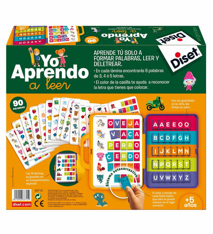 Diset educatief spel "Yo aprendo a leer" voor kinderen, kleurrijk speelgoed en leeractiviteiten in een speelse opstelling.
