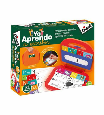 Diset Learn to Write educational game with colorful cards and tools for teaching writing skills, designed for children.