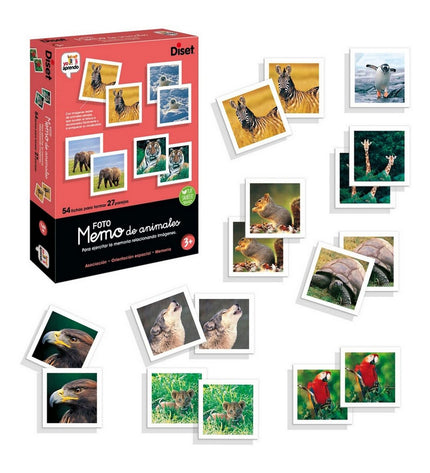 Diset educatief memo spel met 54 foto-animalelementen voor kinderen, onderdeel van speelgoed en games collectie.