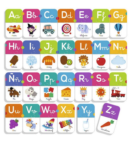 Diset educatief spel El Abecedario with 54 colorful puzzle pieces for learning the alphabet and early literacy skills.