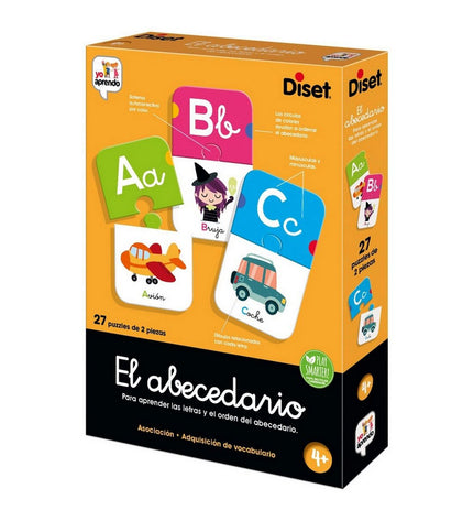 Diset educatief spel El Abecedario with 54 colorful pieces for learning the alphabet and early literacy skills.