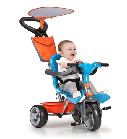 Feber Baby Plus music tricycle for toddlers in blue and orange, designed for play and outdoor fun.