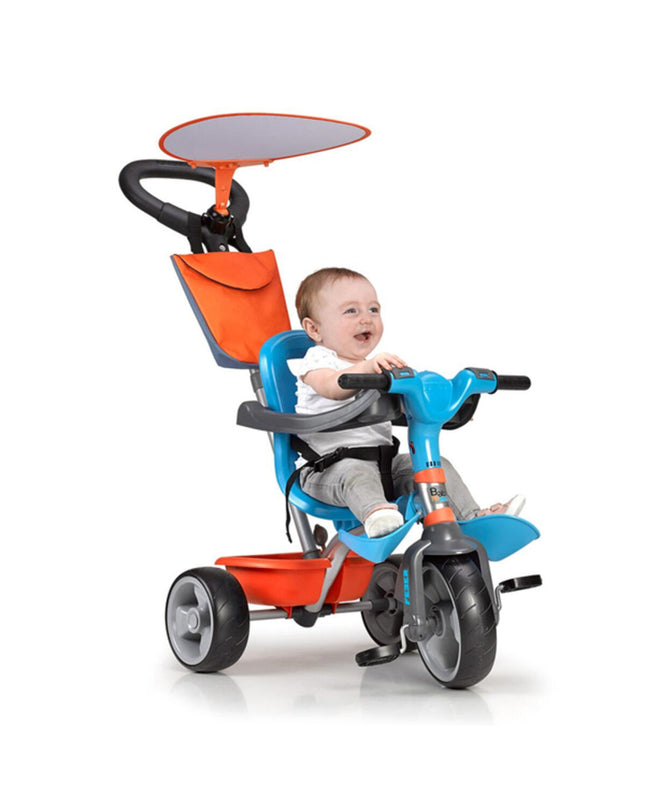 Feber Baby Plus music tricycle for toddlers in blue and orange, designed for play and outdoor fun.